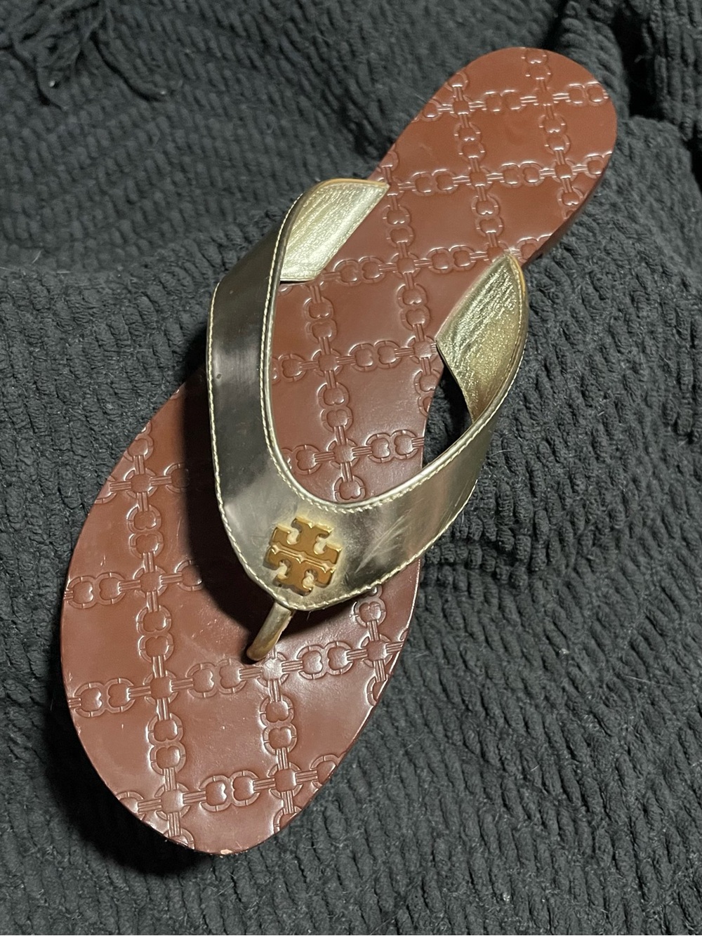 Tory Burch Gold Metallic Thong Sandal with Brown Embossed Footbed 9M